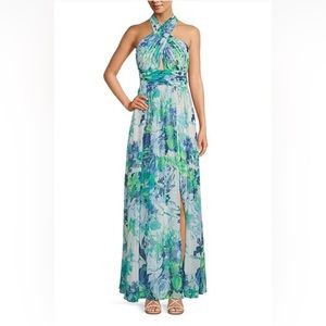 Eliza J Halter Neck A-Line Gown with Bodice Cutout & Skirt Slit